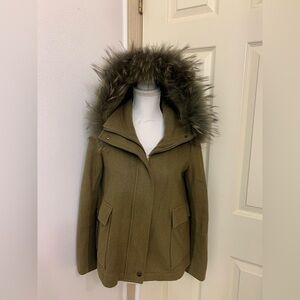 Eachway Sports Women's Jacket Faux Fur Outer Shell Hooded Brown Green Size M